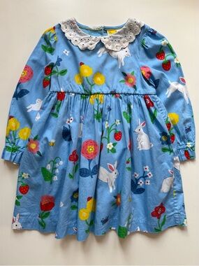 Mini Boden Girls Blue Bunny Broderie-Collared Dress - Size 5-6Y
